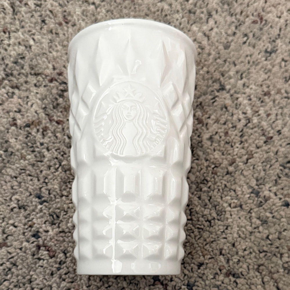 Starbucks 2014 White Textured Ceramic Mug with Embossed Logo 10 oz